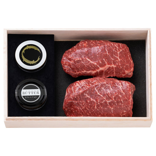 千屋牛ステーキセット モモＢ｜千屋牛ステーキ（モモ）肉300gと新見フレッシュキャビア（ベステル）塩分3.5% 10g、新見キャビアバター（プレミアム）15gのセット