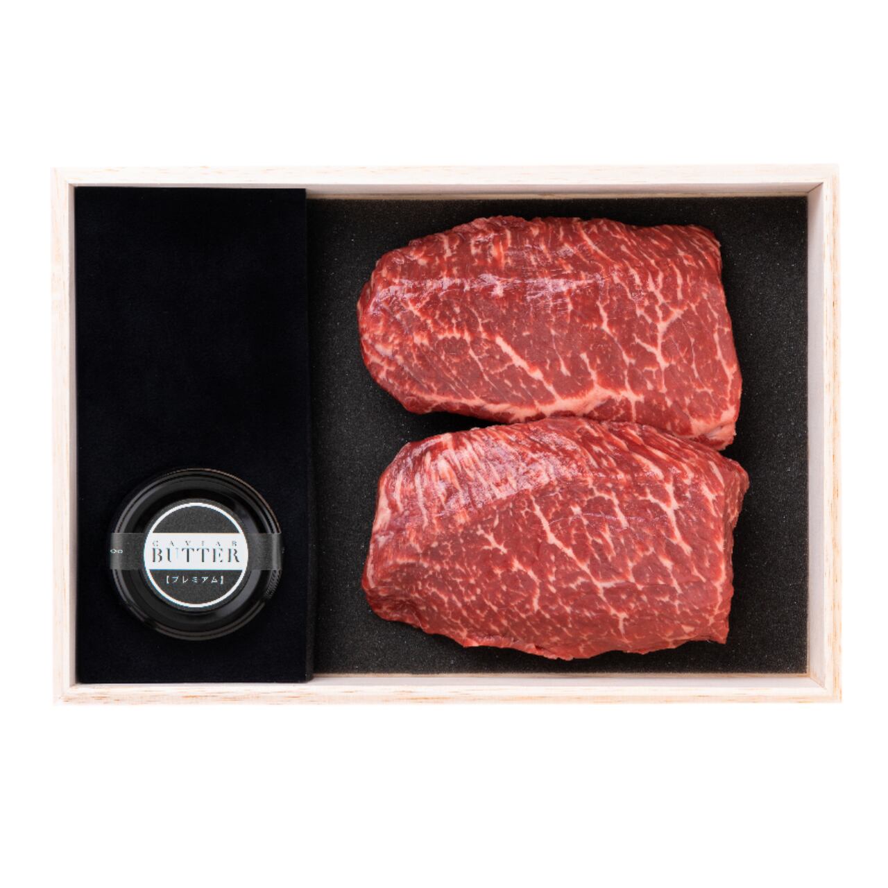 千屋牛ステーキセット モモＣ｜千屋牛ステーキ（モモ）肉300gと新見キャビアバター（プレミアム）15gのセット