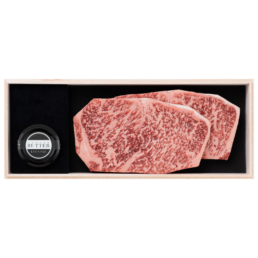 千屋牛ステーキセット サーロインＣ｜千屋牛ステーキ（サーロイン）肉200g×2と新見キャビアバター（プレミアム）20gのセット
