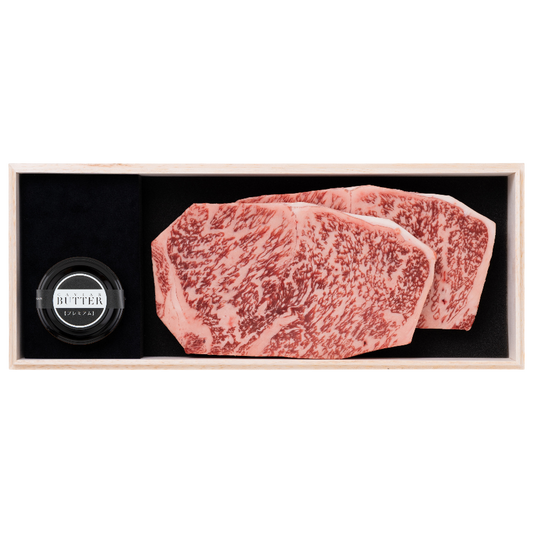 千屋牛ステーキセット サーロインＣ｜千屋牛ステーキ（サーロイン）肉200g×2と新見キャビアバター（プレミアム）20gのセット